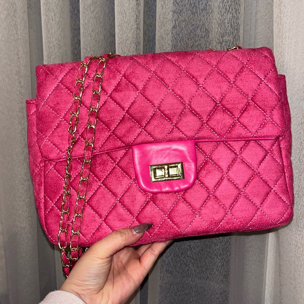 Quilted Pink Bag with Gold Hardware